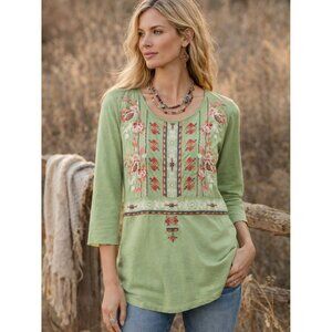 SUNDANCE Embroidered Tunic Top Green Cotton Blend Boho Resort Relaxed fit size L